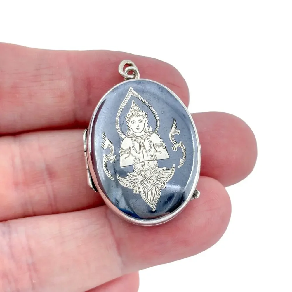 Vintage Sterling Silver 925 Siam Black Niello Dancer Locket